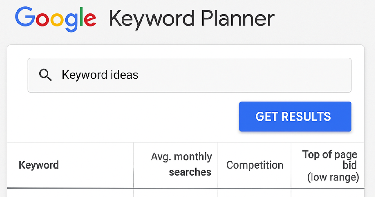 Interface do Google Keyword Planner exibindo sugestões de palavras-chave com volume de busca e concorrência.
