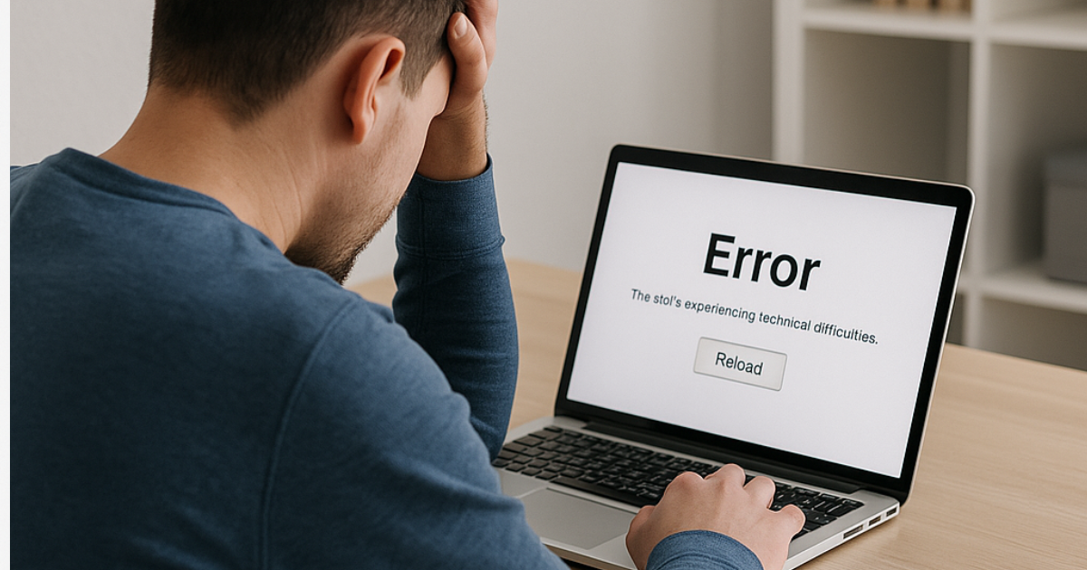 Homem frustrado diante de laptop com site fora do ar e mensagem de erro na tela.