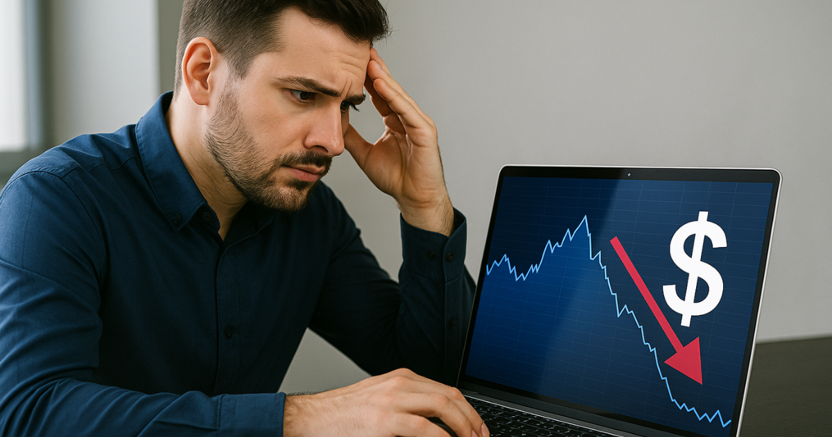 Empresário analisando gráfico de queda no notebook com símbolo de dólar, preocupado com o impacto da variação cambial nos anúncios digitais.