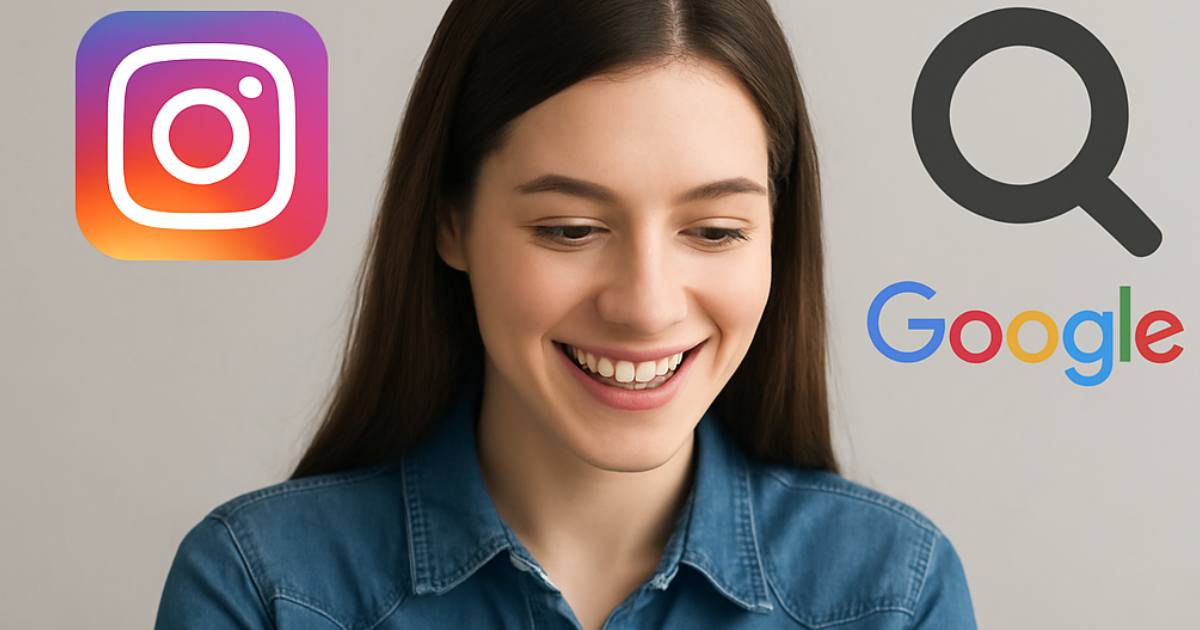 Empreendedora feliz olhando para o celular, com o logo do Instagram e o símbolo de busca do Google ao fundo, representando a indexação do perfil.
